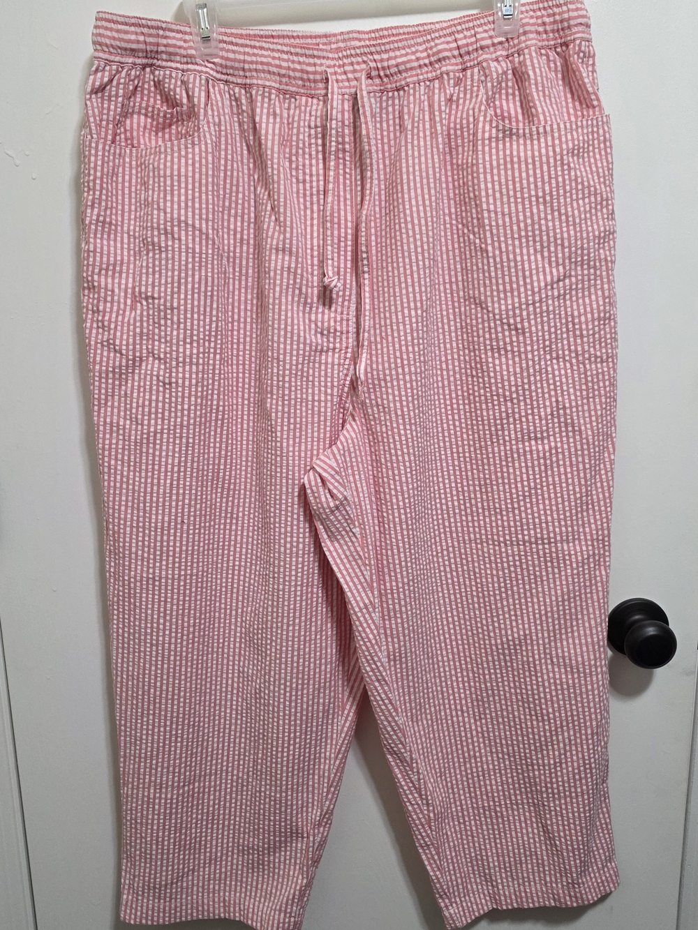 Denim & Co Pink White Seersucker Striped Crop Pants XL Drawstring Elastic Waist